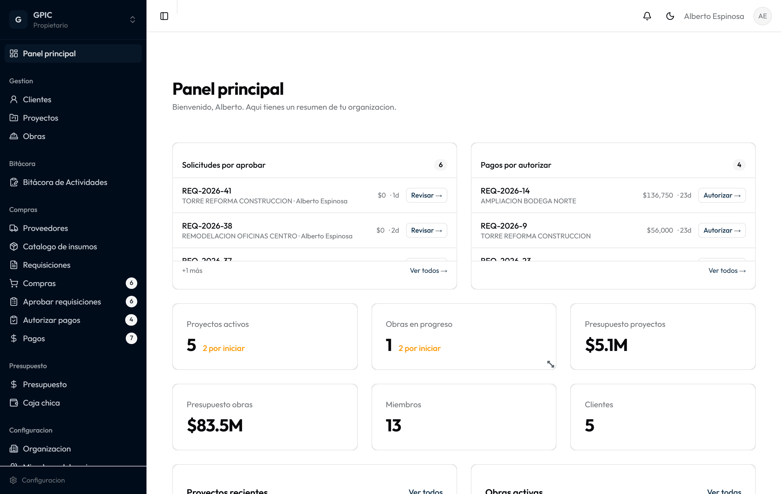 Panel principal de Slabo con solicitudes por aprobar, pagos por autorizar y presupuesto