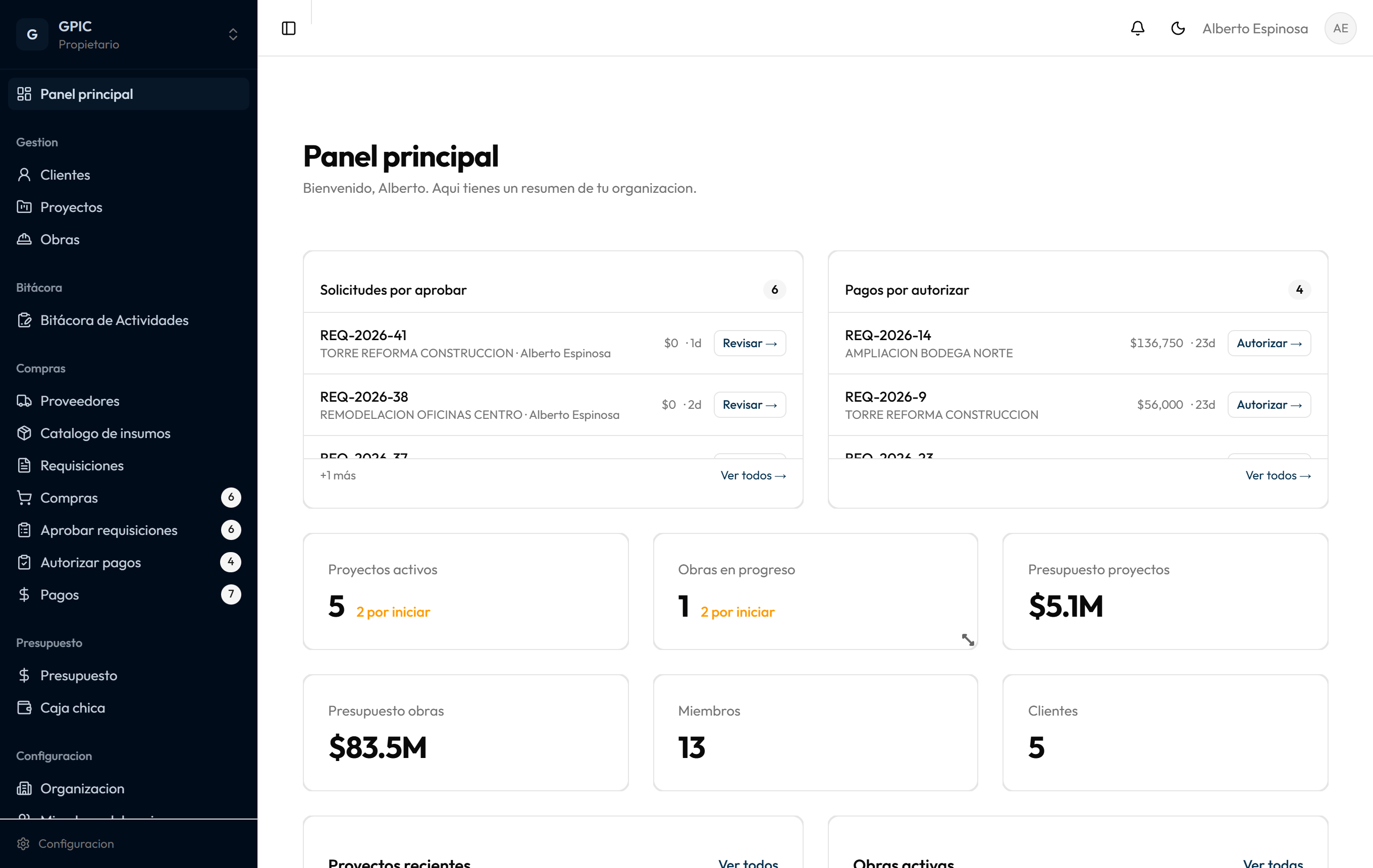Panel principal de Slabo con solicitudes por aprobar, pagos por autorizar y presupuesto